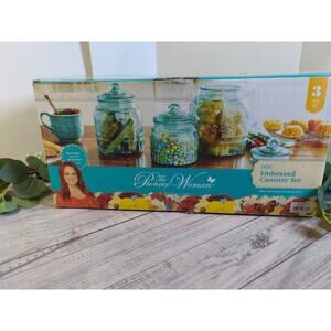 The Pioneer Woman Cassie Embossed Teal Glass Canister Set of 3 Open Box